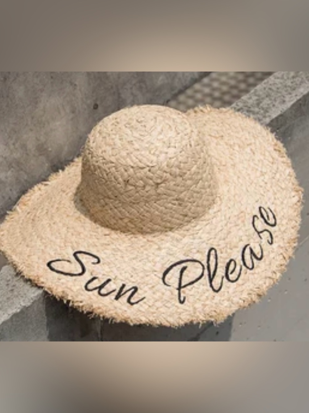 Wide Brim Raffia Straw Sun Hat "Sun Please" Natural Tan Beige